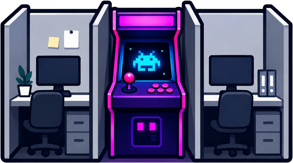 A neon arcade cabinet tucked between two office cubicles