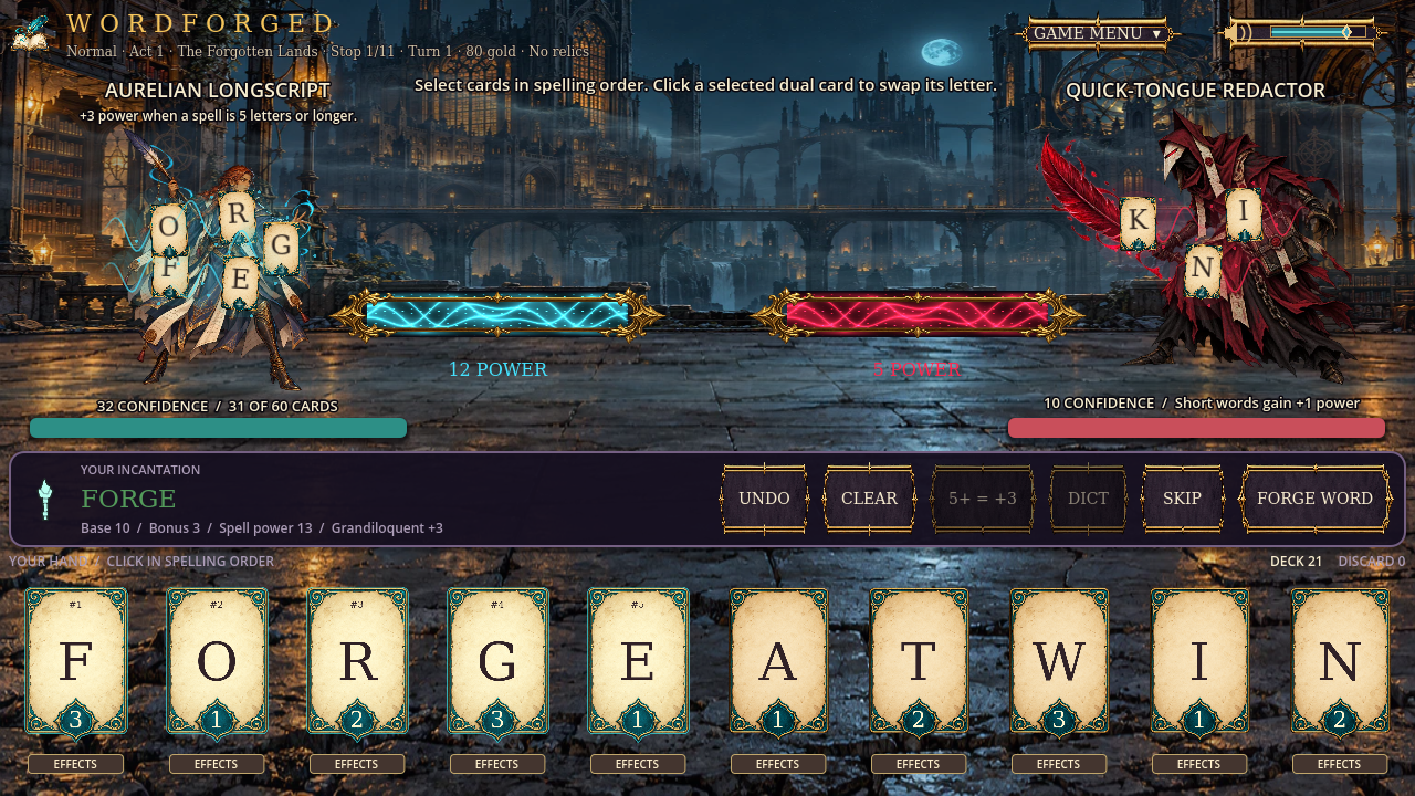 Wordforged gameplay with letter cards and opposing spellcasters in a moonlit city
